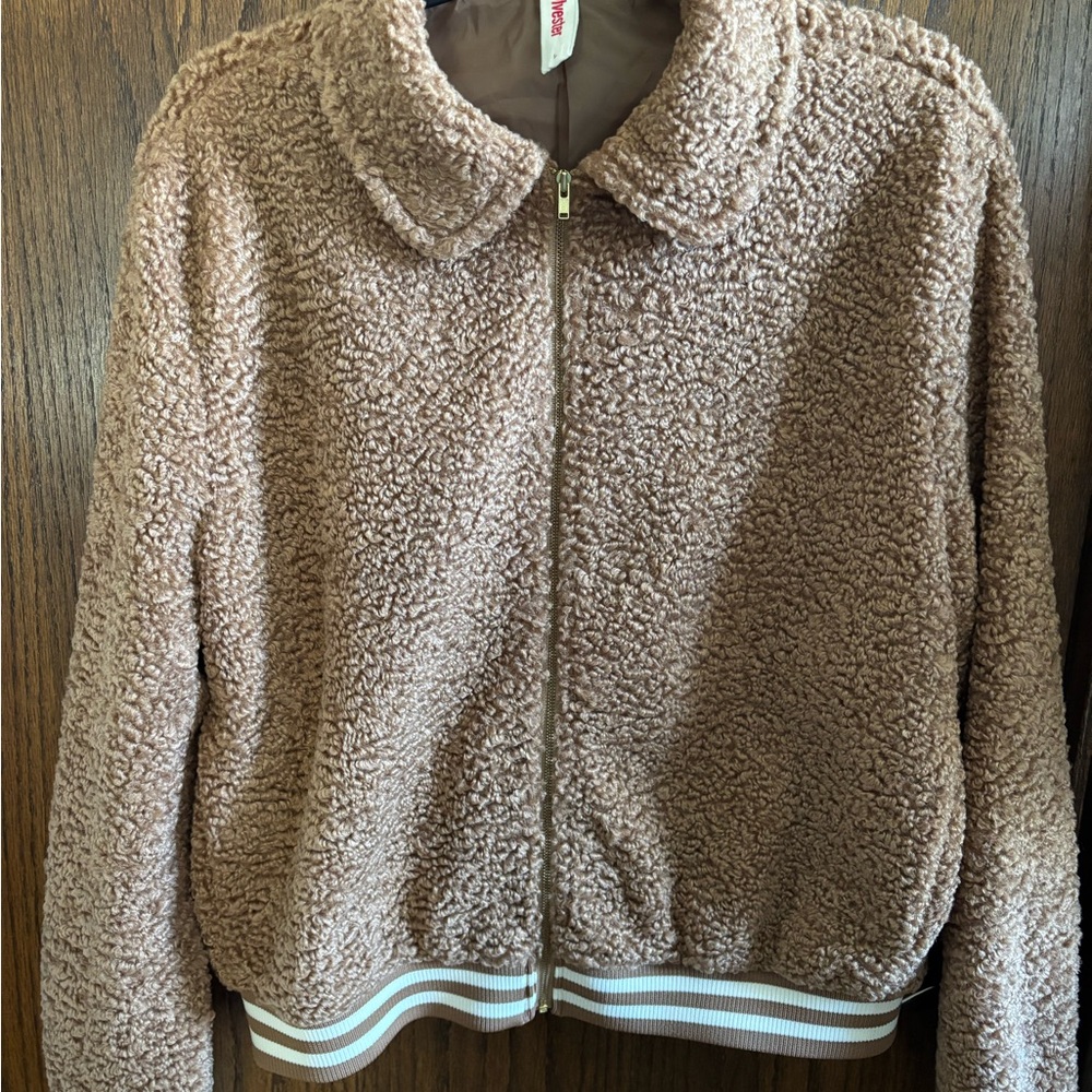Like new CHIC KATE SYLVESTER Tan and Cream Lambay Bomber Jacket US L